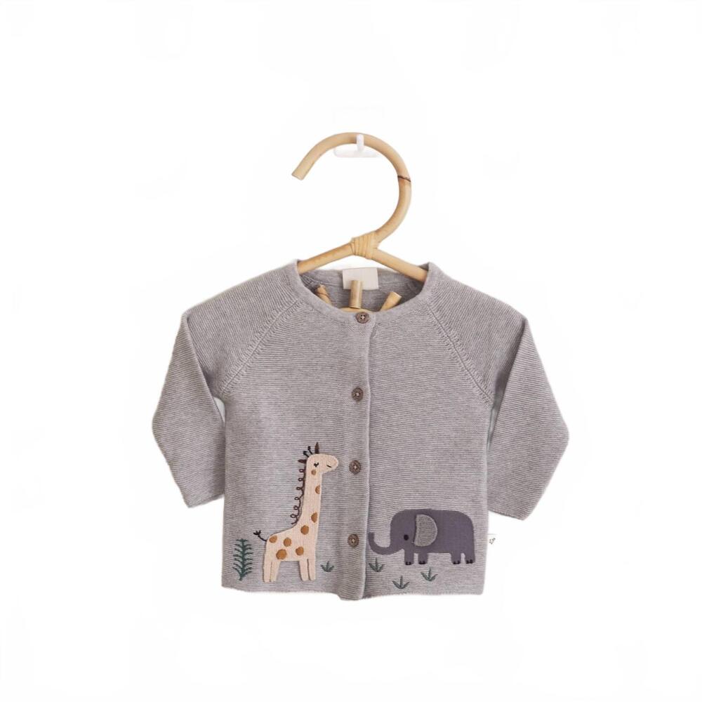 NEW VIVERANO ORGANICS baby's animal safari embroidered cardigan sweater in heath